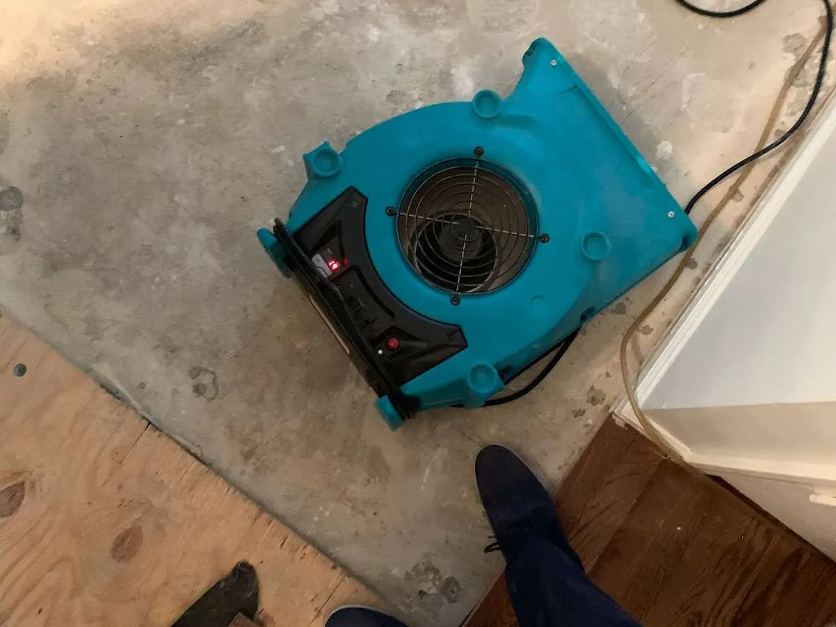 Air mover drying subfloor during Commercial Water Damage Restoration in Old Bridge